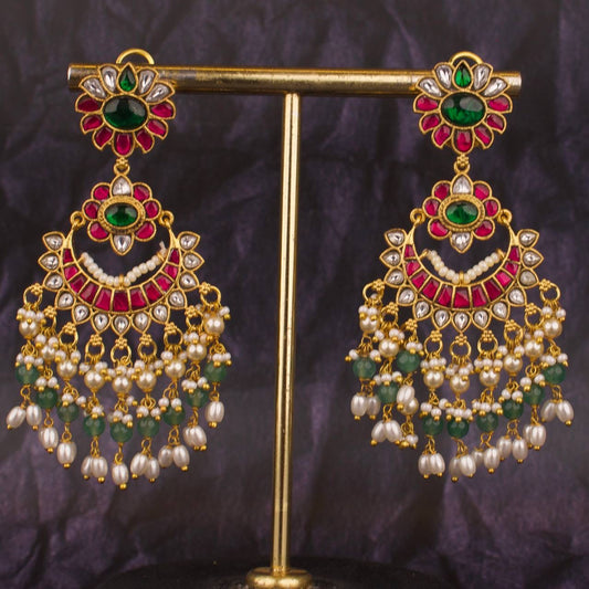 Floral Studded Jadau Kundan Bridal Guttapusalu Hanging Chandbali Earrings