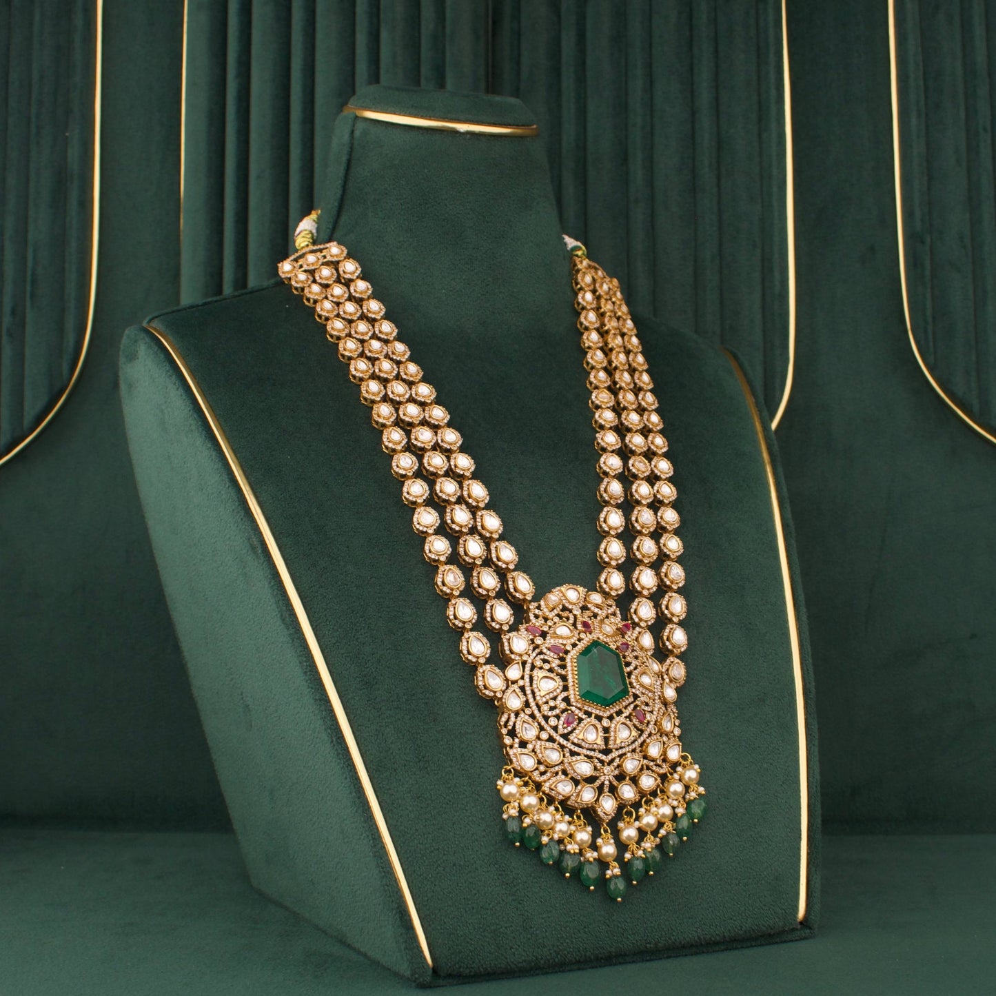Victorian Polki Necklace Set With Emerald Center Pendant And Multi-Layer Design