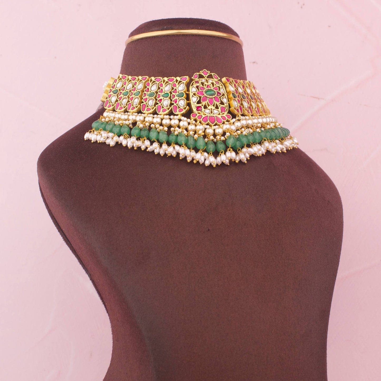 Gold Finish Jadau Kundan Choker With Green Beads And Pearl Drops