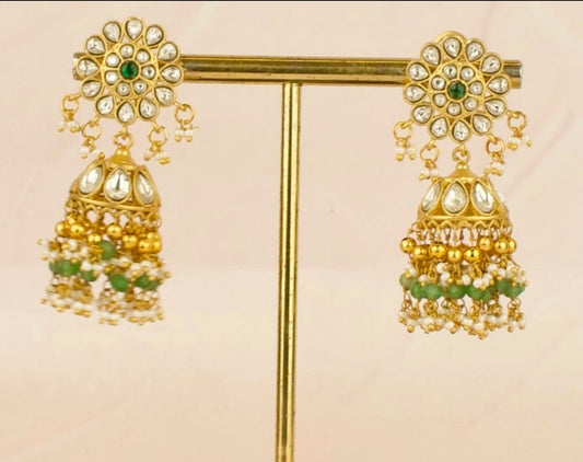Gold inspired Floral Design Studded Jadau Kundan Jhumki with Beads - DULHAN JEWELS