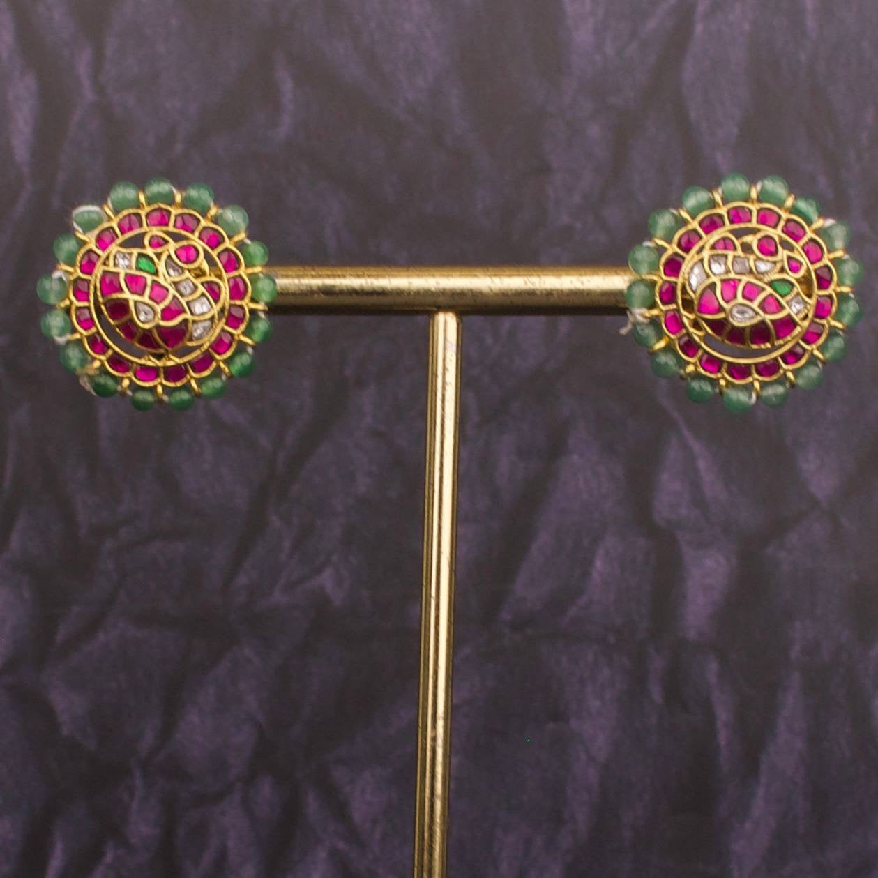 Peacock Studded Jadau Kundan Beads Border Studs Earrings