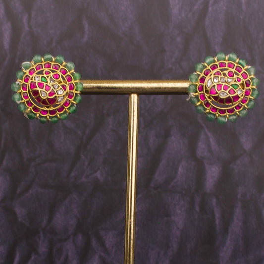 Peacock Studded Jadau Kundan Beads Border Studs Earrings