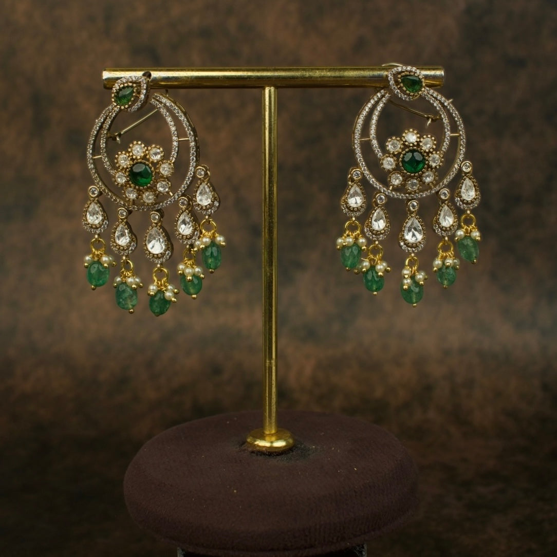 Exquisite Dangling Victorian Polki Chandbali Earrings with Emerald Drops