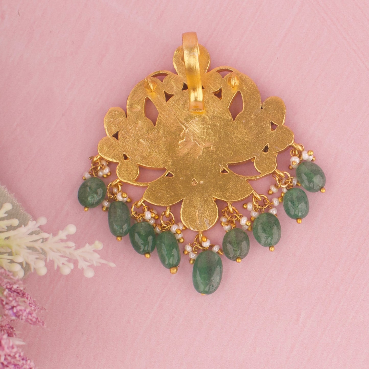 Opulent Peacock Jadau Kundan Pendant With Green Beads