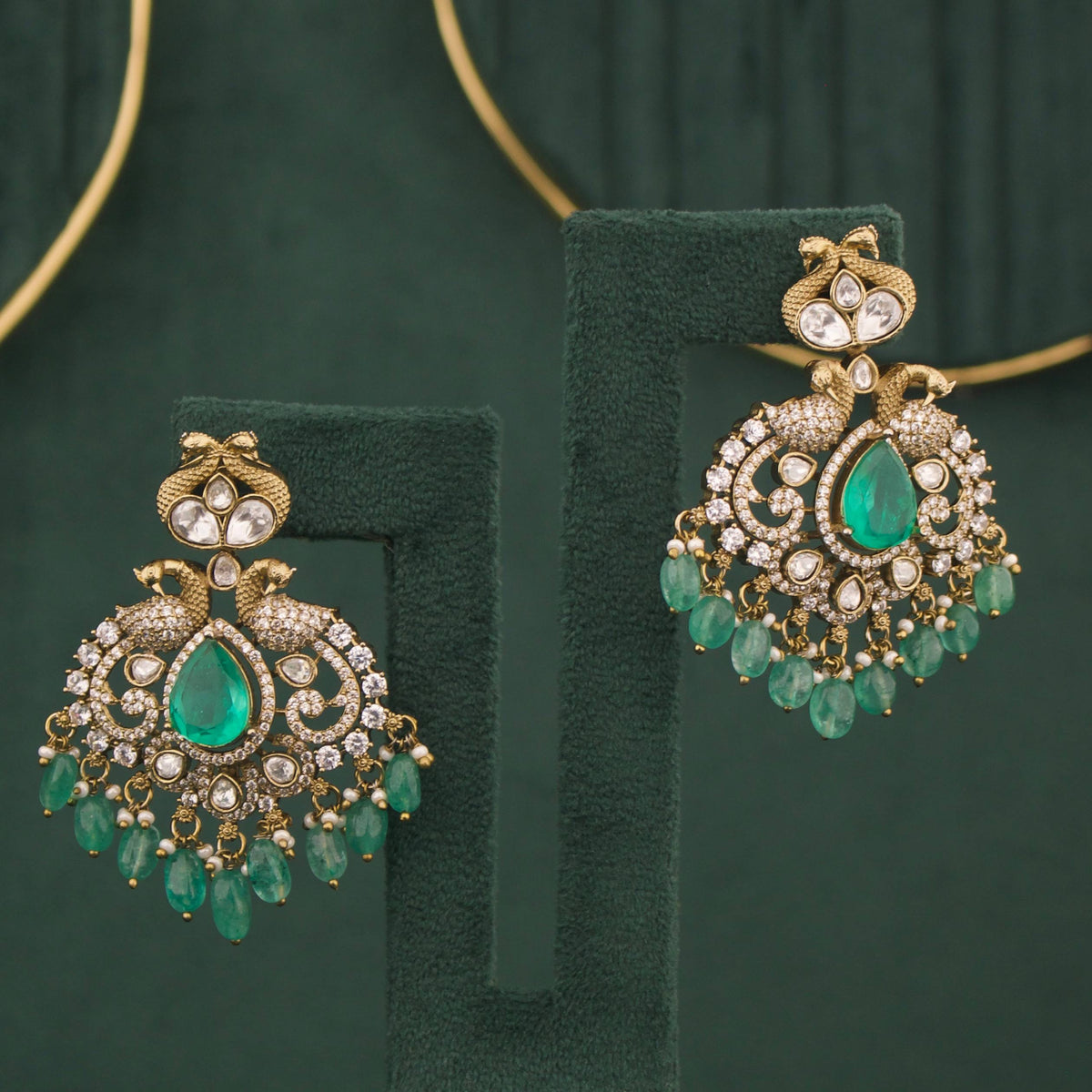 Luxury Victorian Polki Necklace Set With Peacock Motifs And Matching Earrings Styling Angle View 4 - Dulhan Jewels