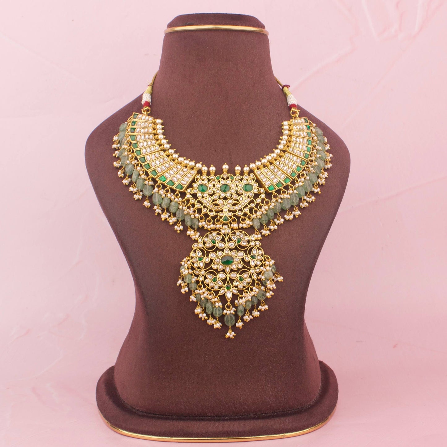 Side Angle & Craftsmanship View of Gold inspired Jadau Kundan Necklace With  Bead Hangings | Dulhan Jewels