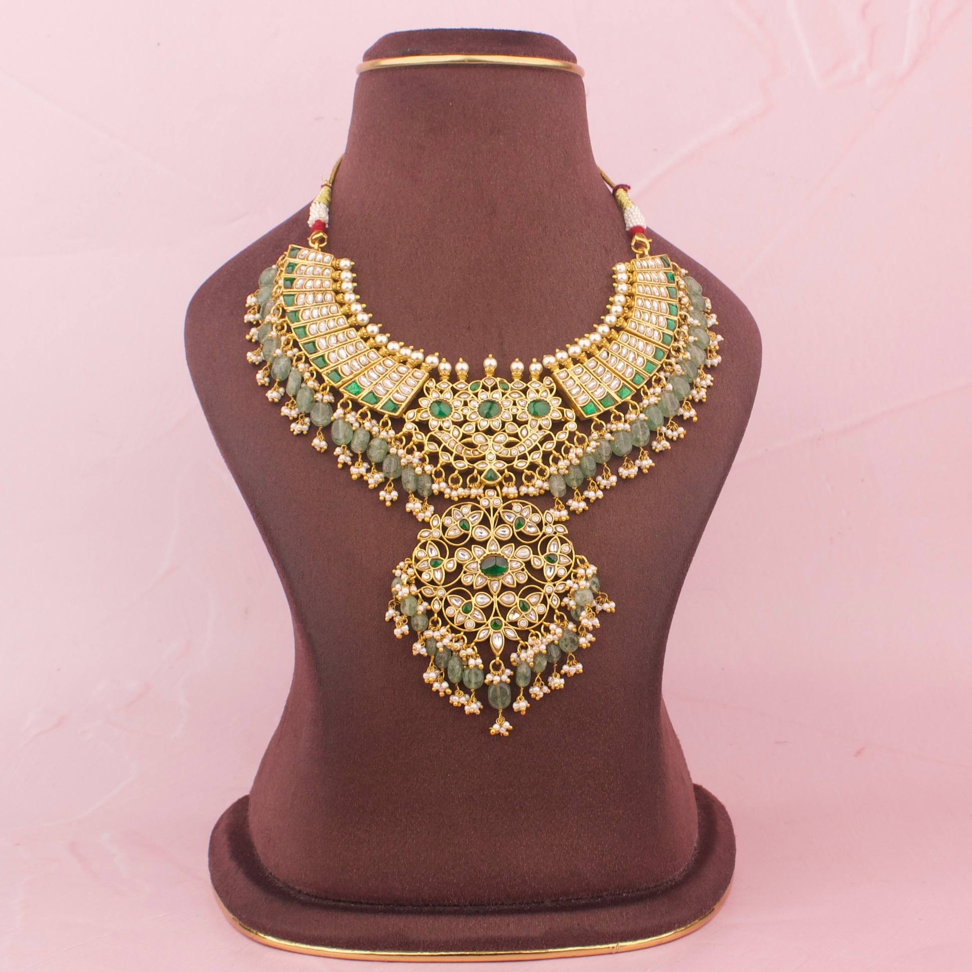 Side Angle & Craftsmanship View of Gold inspired Jadau Kundan Necklace With  Bead Hangings | Dulhan Jewels
