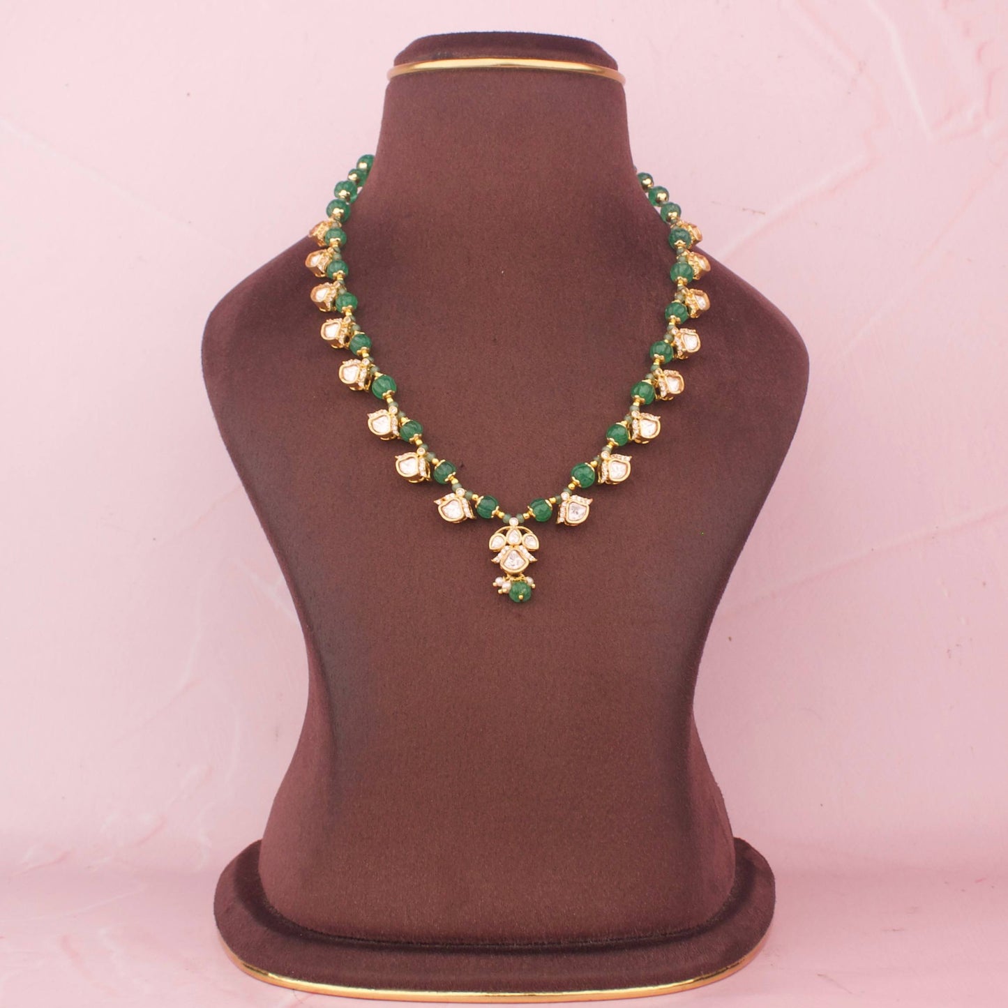 Classic Green Beaded Necklace Set With Matching Earrings - Alternate View 1