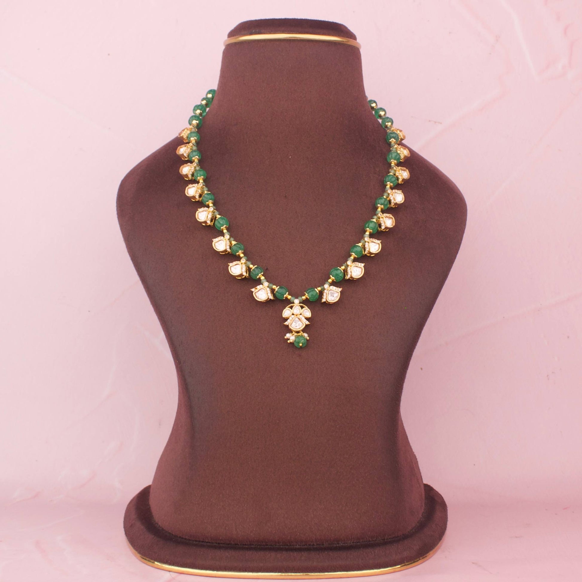 Classic Green Beaded Necklace Set With Matching Earrings - Alternate View 1