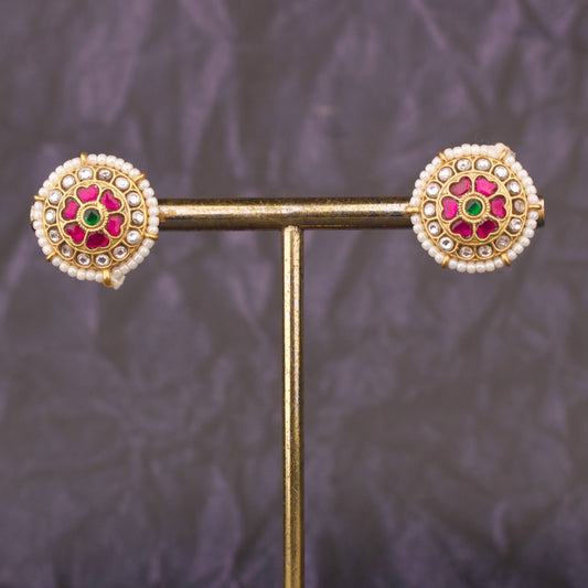 Classic Jadau Kundan Stud Earrings With Pearl Bordering