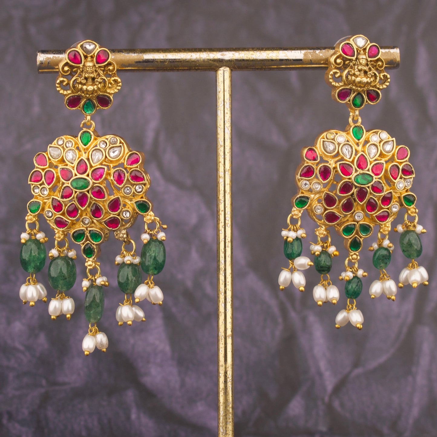Antique Temple Laxmi Devi Jadau Kundan Earrings With Green Beads And Rice Pearls