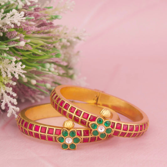 Traditional Floral Design Jadau Kundan Bangles - Handcrafted Indian Bridal Jewelry by Dulhan Jewels