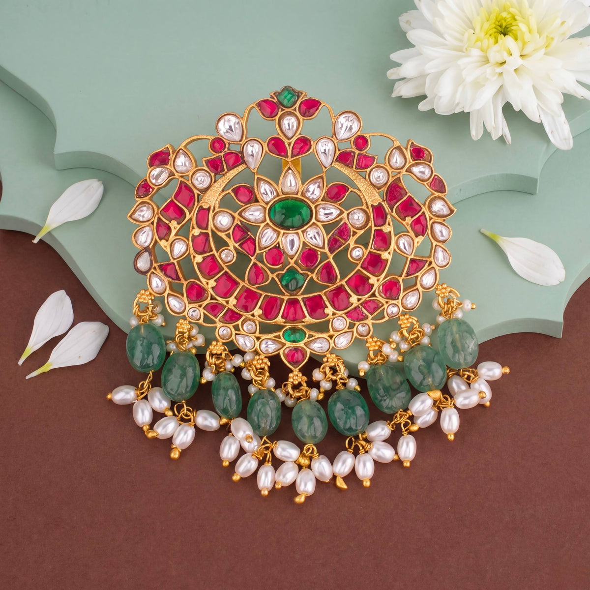 Bridal Jadau Kundan Pendant With Green Bead Hangings - Handcrafted Indian Bridal Jewelry by Dulhan Jewels