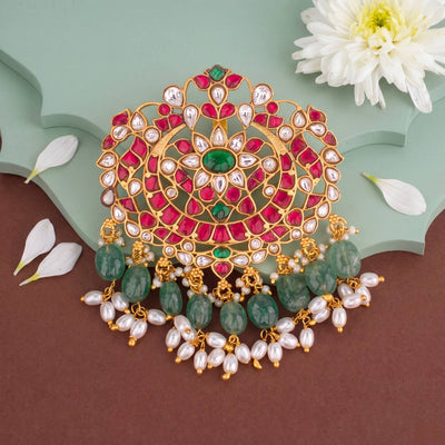 Bridal Jadau Kundan Pendant With Green Bead Hangings