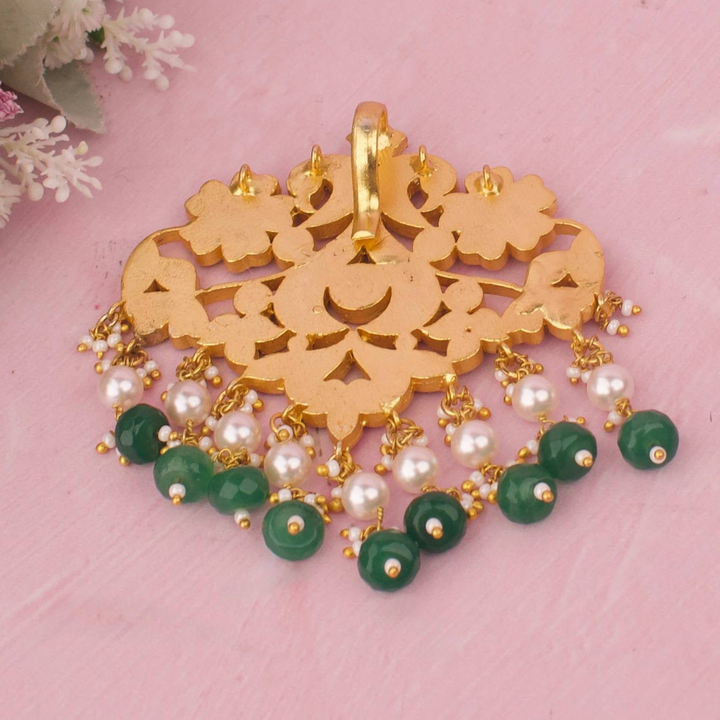 Classic Jadau Kundan Pendant With Pearl And Green Drops