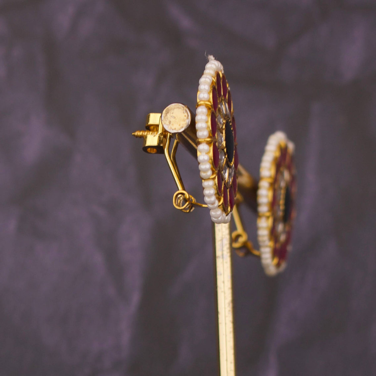 Floral Jadau Kundan Studs Earrings With Pearl Bordering - Alternate View 1