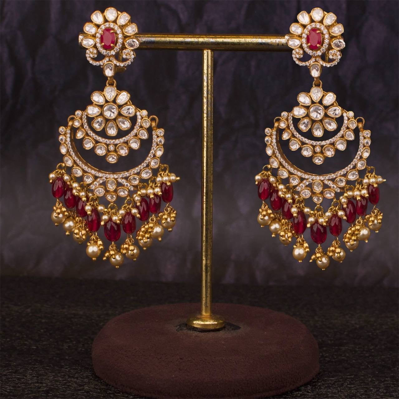 Bridal 925 Silver Gold Coated Moissanite Polki Chandbali Earrings