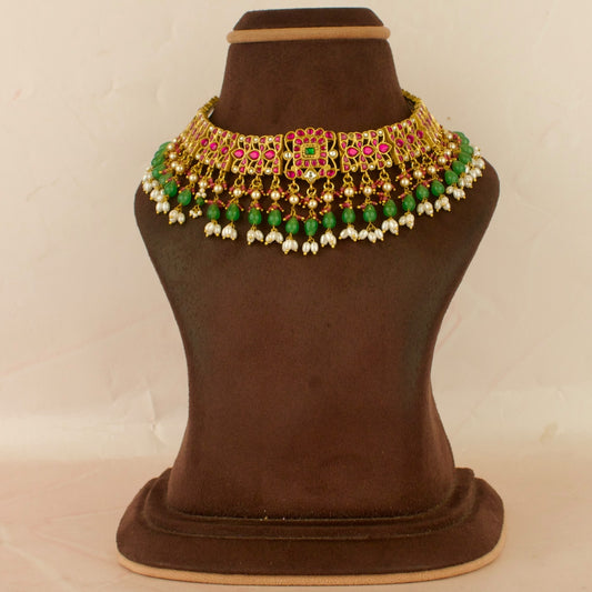 Statement Design Jadau Kundan Short Necklace with Green Beads Hanging