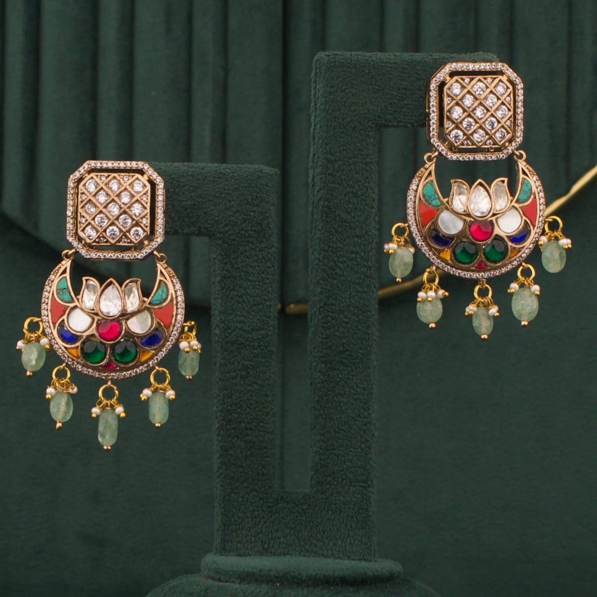 Regal Polki Mehandi Victorian Chand Bali Earrings Styling Angle View 5 - Dulhan Jewels