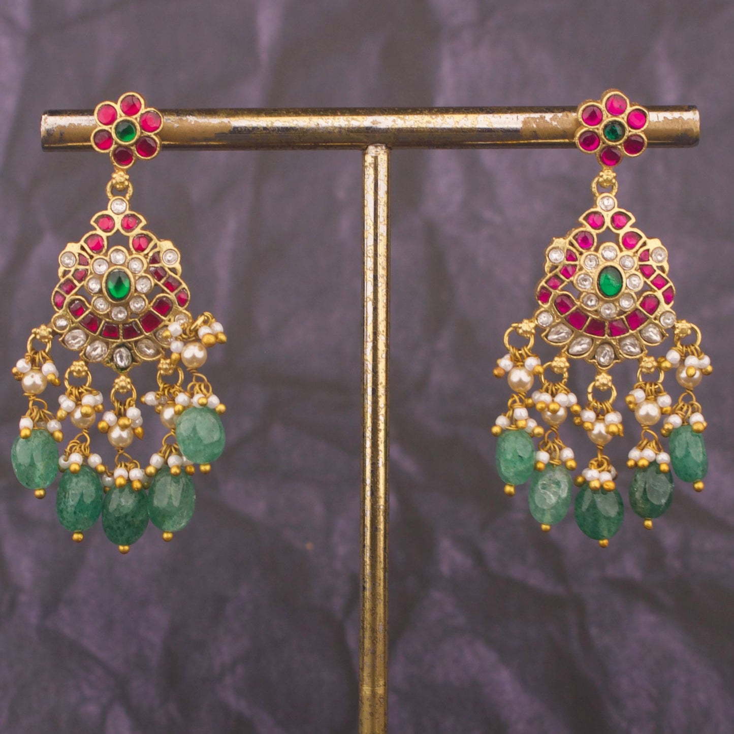 Elegant Jadau Kundan Chandbali Earrings With Emerald Beads
