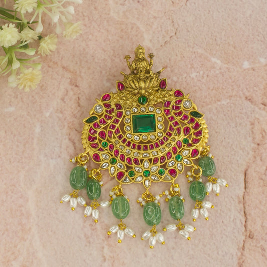 Majestic Goddess Lakshmi Emerald-Centered Jadau Kundan Pendant