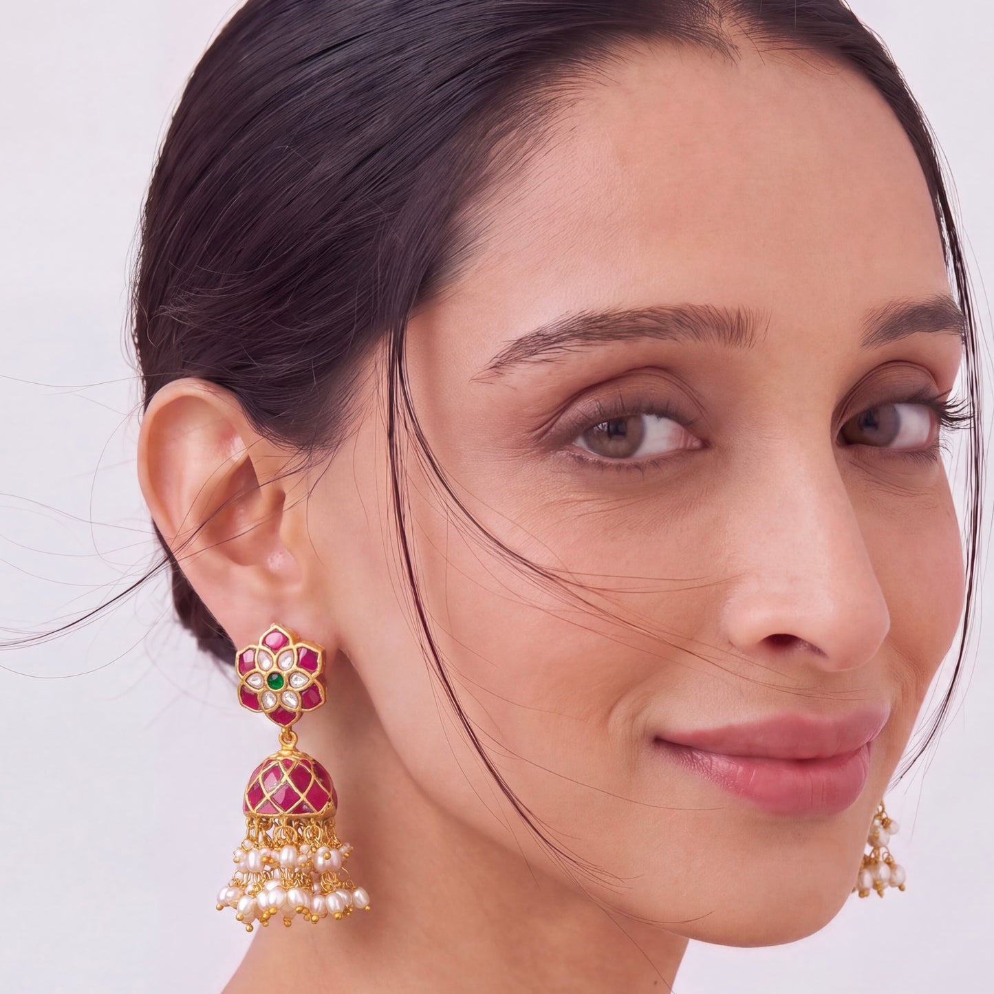 Floral Stud Traditional Jadau Kundan Jhumki Earrings With Pearl Drops