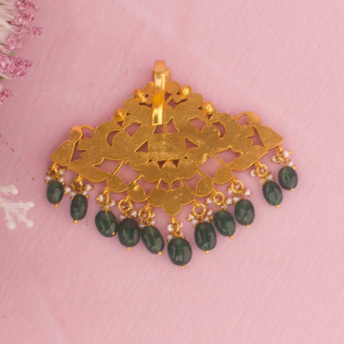 Lavish Jadau Kundan Locket With Strawberry Beads Close-up Design & Gemstone Detailing - Dulhan Jewels