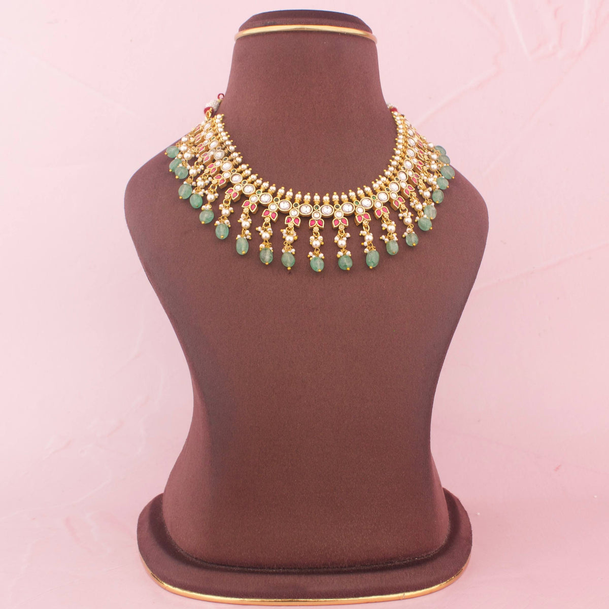 Ethnic Jadau Kundan Necklace With Green Drops