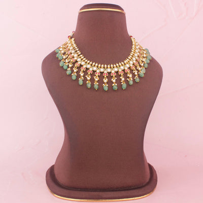 Ethnic Jadau Kundan Necklace With Green Drops