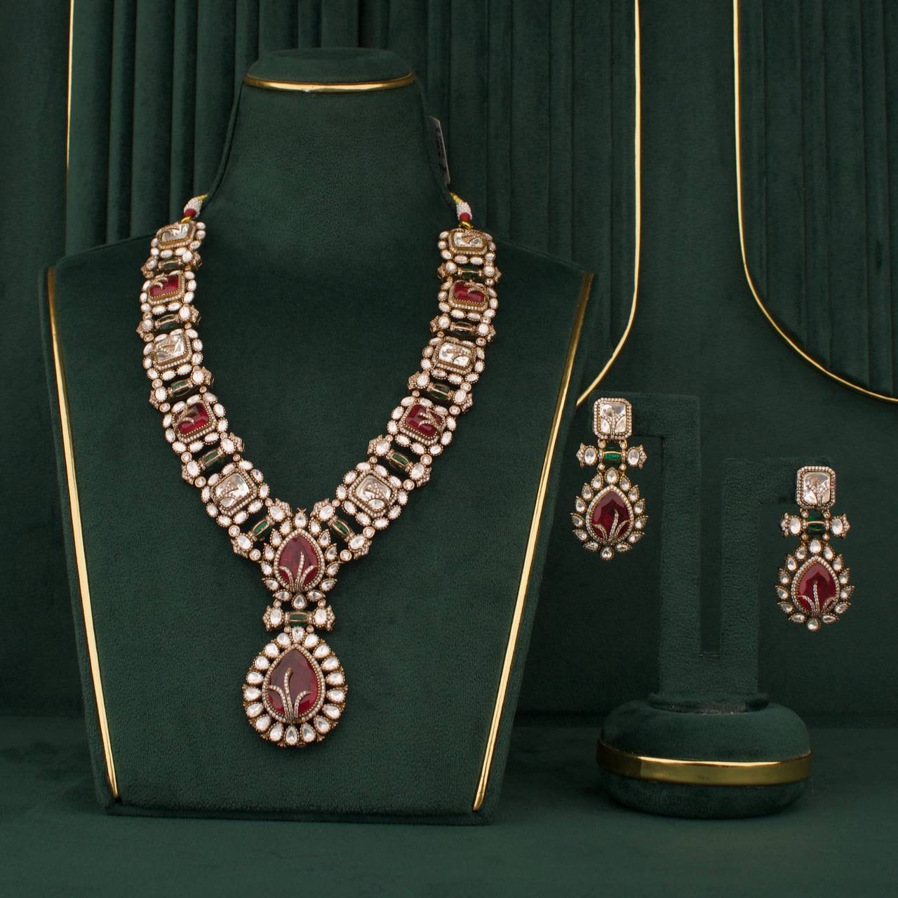 Bridal Emerald Polki Long Necklace Set With Earrings