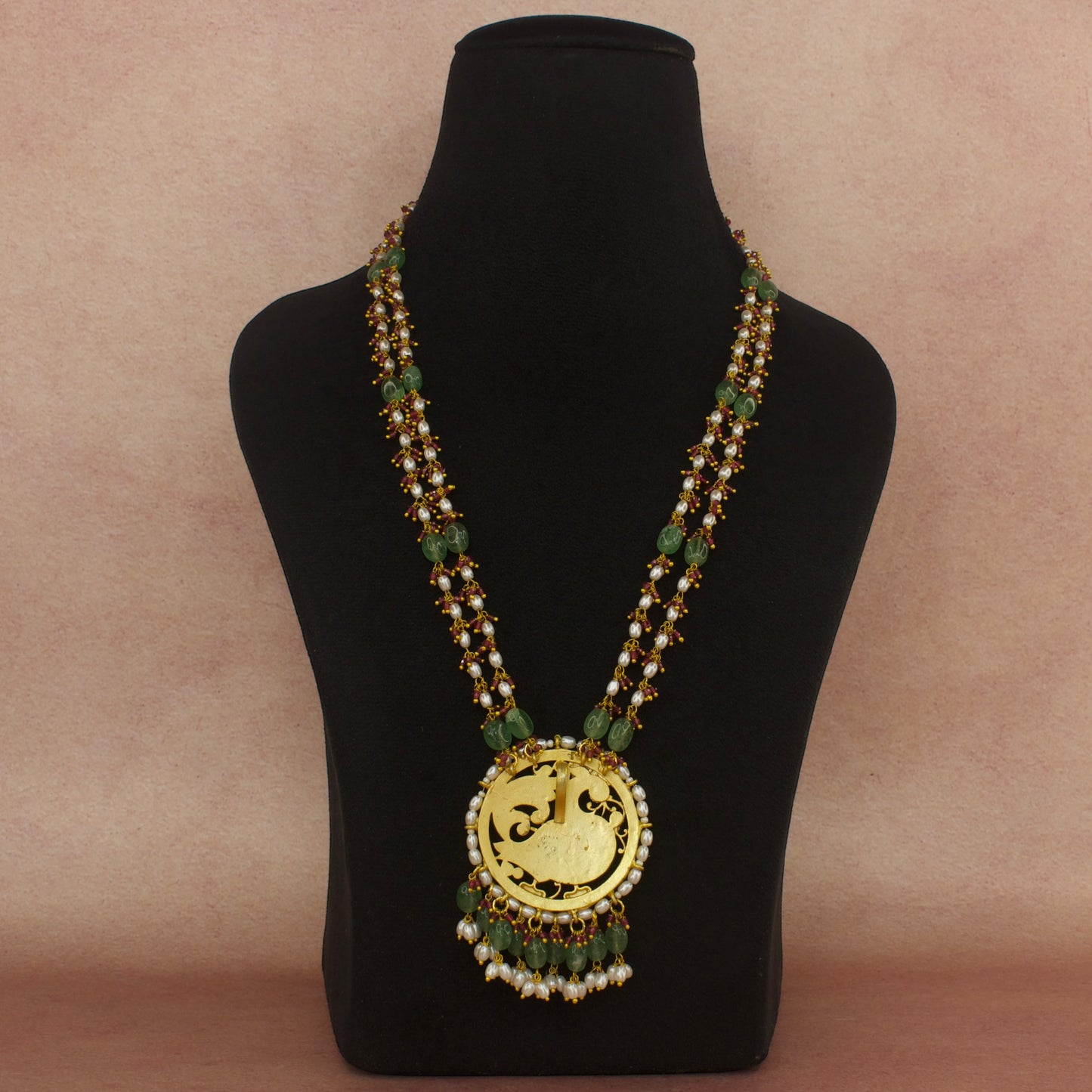 Regal Jadau Kundan Peacock Pendant Beads Mala with 22k Gold plating