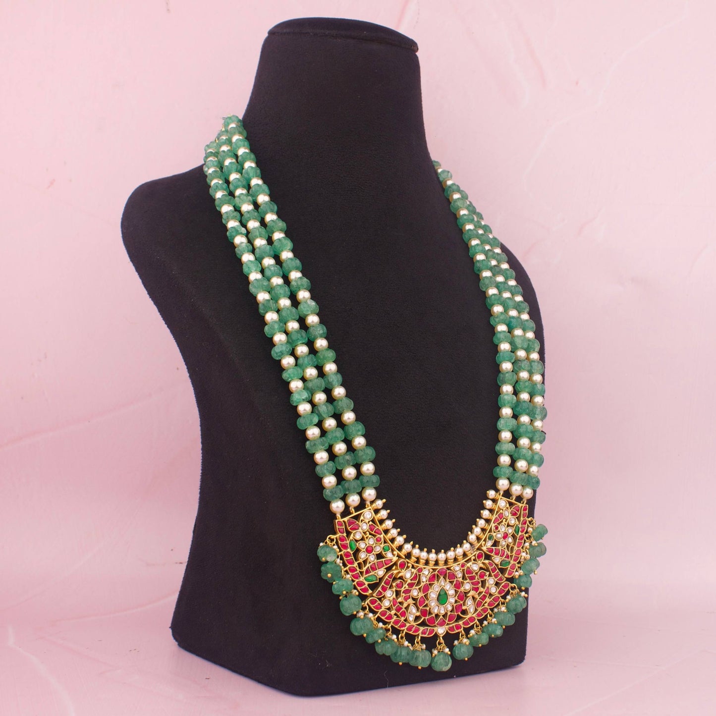 Imperial Crescent Jadau Kundan Necklace With Emerald Layered Beads