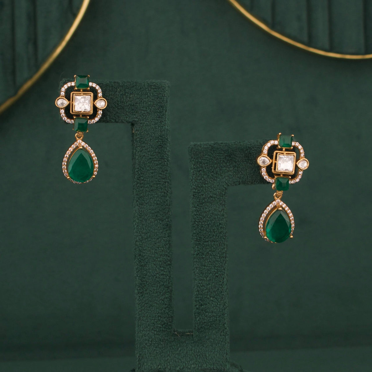 Victorian Emerald Choker Necklace with Matching Earrings Styling Angle View 4 - Dulhan Jewels