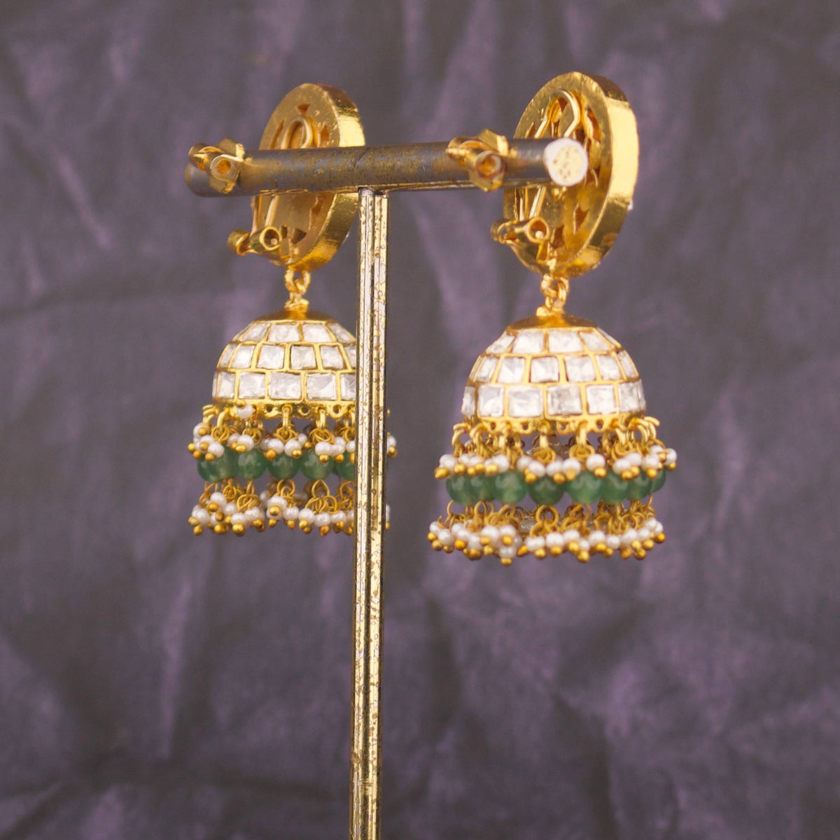 Elegant Moissanite Polki Jhumka Earrings With Hangings Craftsmanship & Detail View - Dulhan Jewels