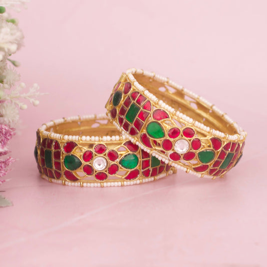 Designer Jadau Kundan Kada Bangles With Pearl Edging
