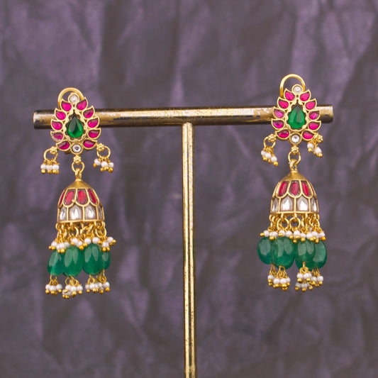 Imperial Jadau Kundan Jhumki Earrings With Emerald Drops