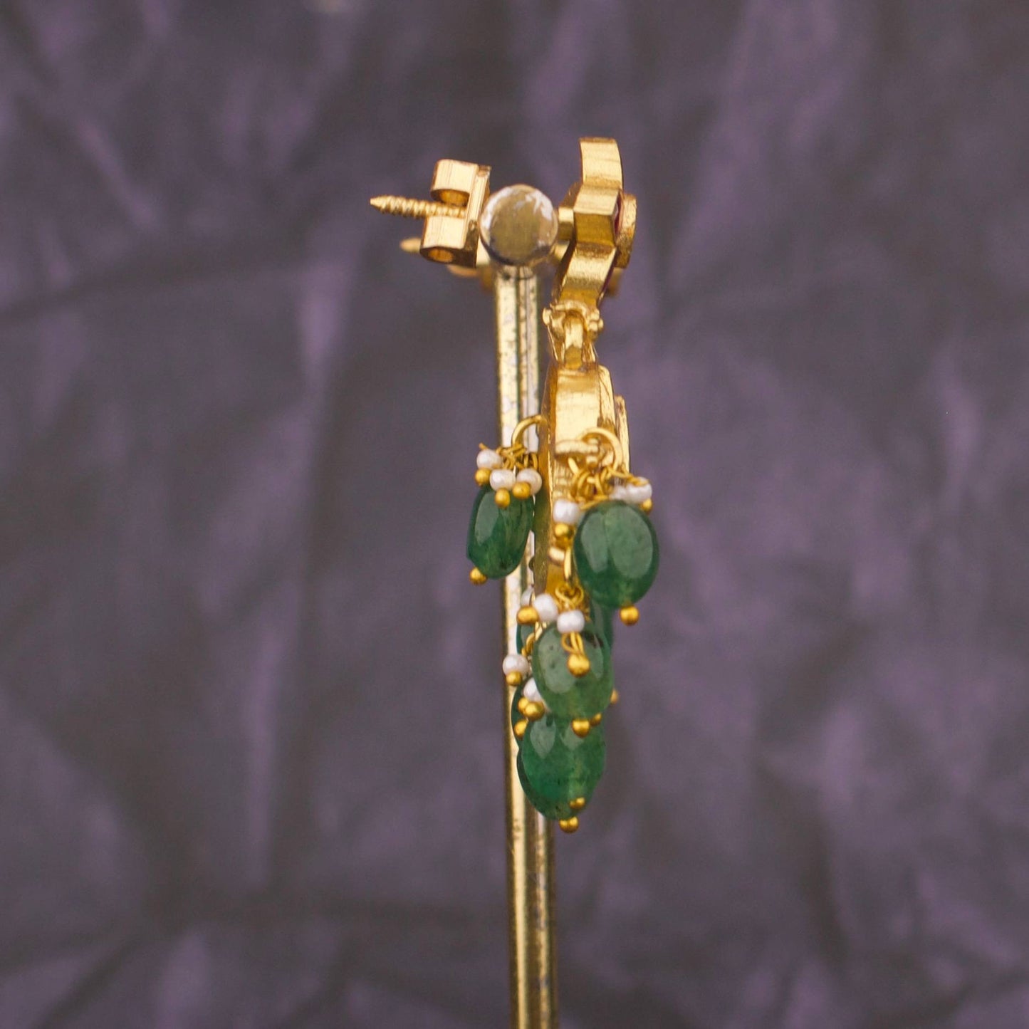 Imperial Jadau Kundan Chandbali Earrings With Green Beads