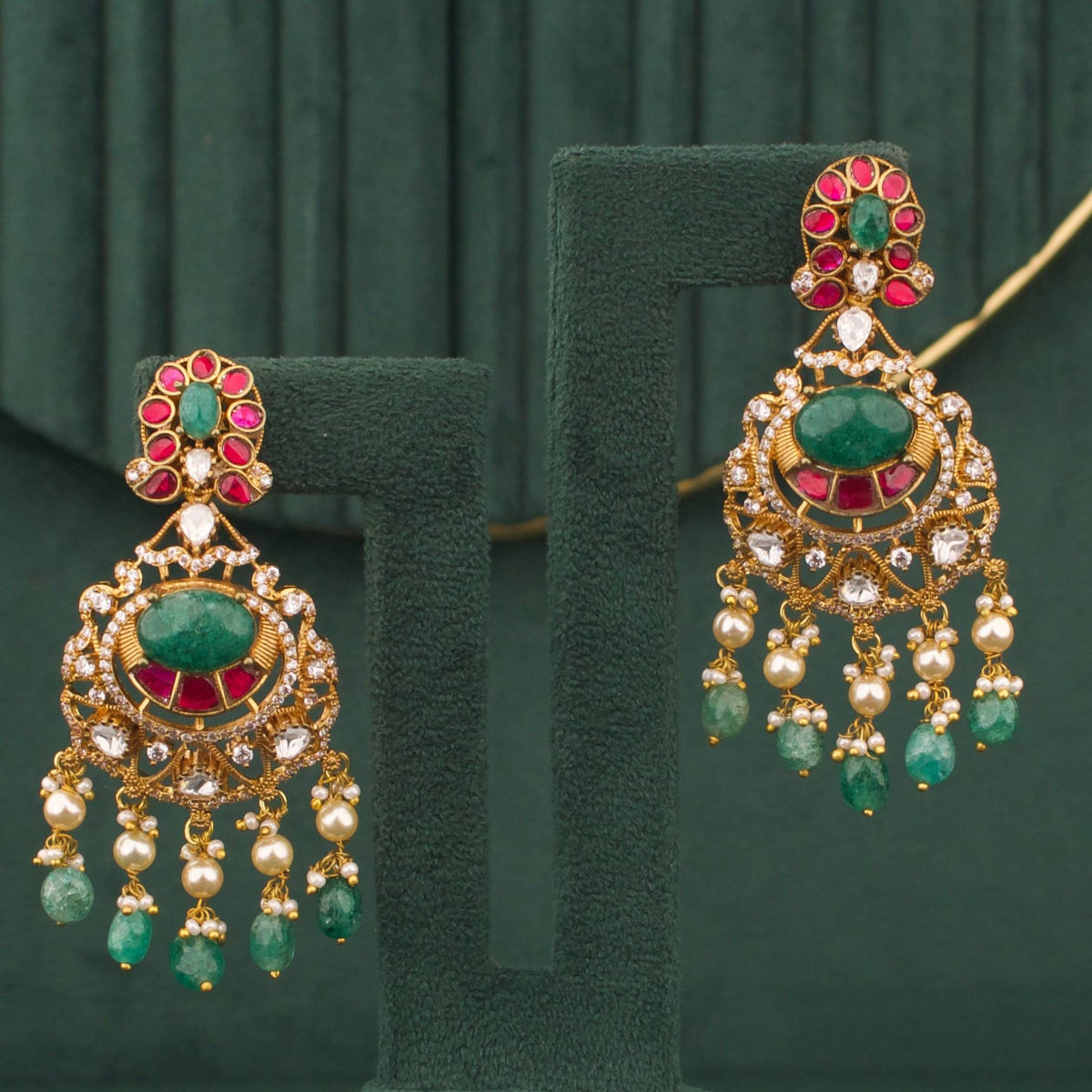 Mehandi Victorian Fusion Kundan & Polki Chandbali Earrings