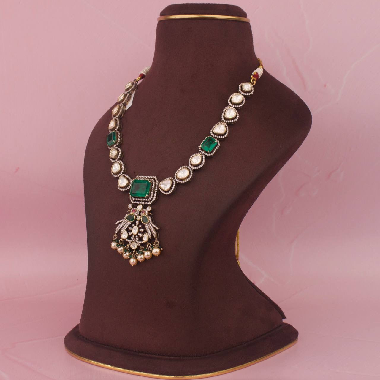 Pure 925 Silver Moissanite Polki Victorian Necklace