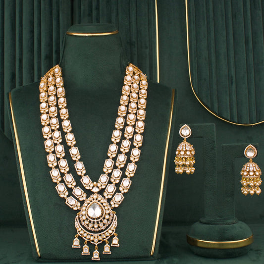 Antique Gold Victorian Polki Bridal Necklace Set With Cz Stones And Jhumka Earrings