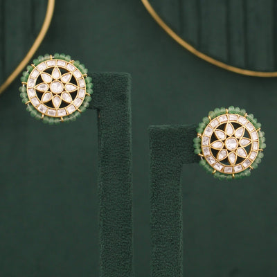 Moissanite Polki Stud Earrings With Green Beads Bordering