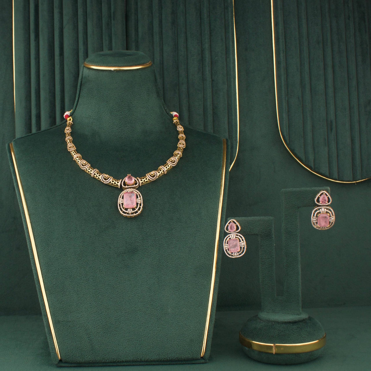 Sleek Victorian Short Necklace With Earrings - Handcrafted Indian Bridal Jewelry by Dulhan Jewels