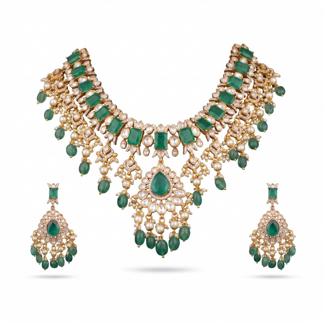 Emerald Victorian Polki Necklace Set With Earrings