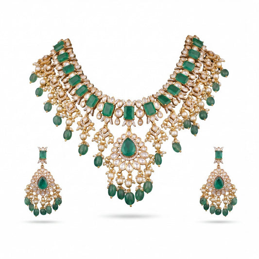 Emerald Victorian Polki Necklace Set With Earrings