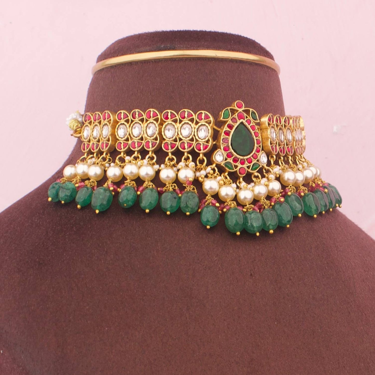 Elite Jadau Kundan Choker With Pearl & Bead Hangings - Alternate View 1