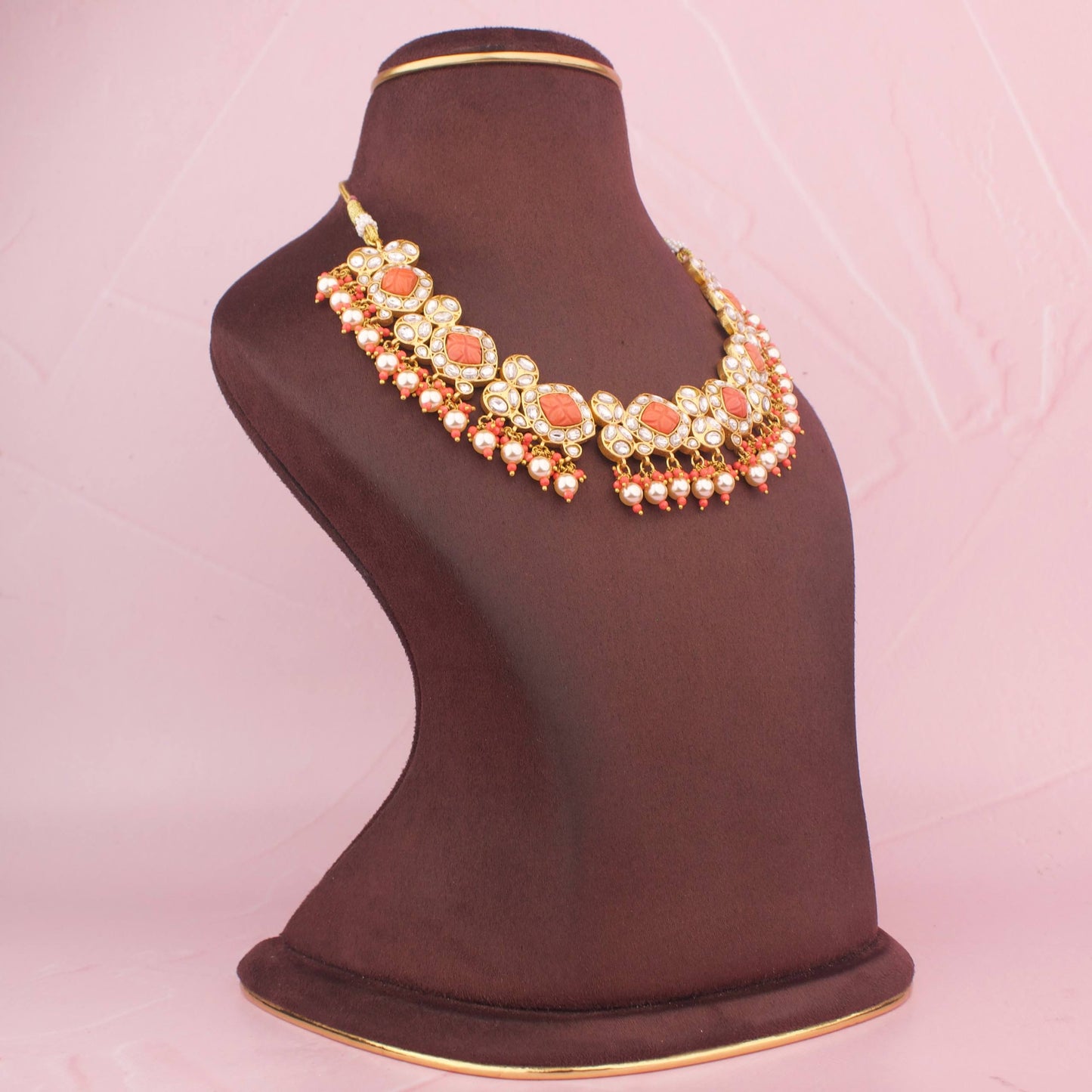 Luxurious Jadau Kundan Necklace Set with Coral Accents
