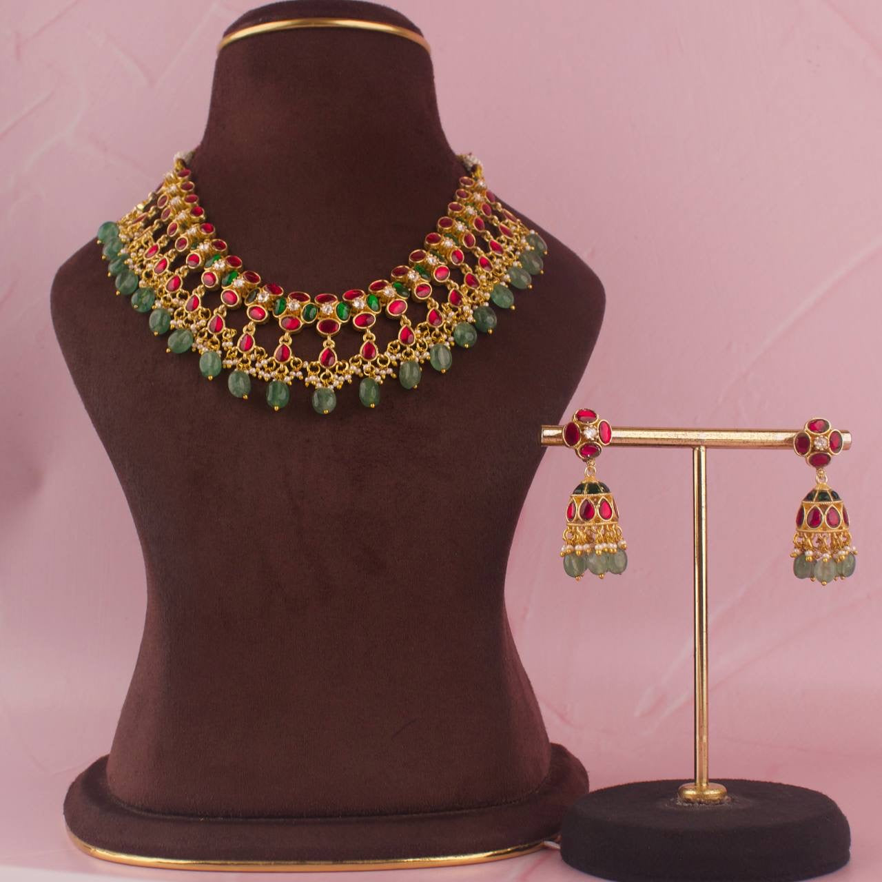 Multi Colour Jadau Kundan Necklace Set With Earrings