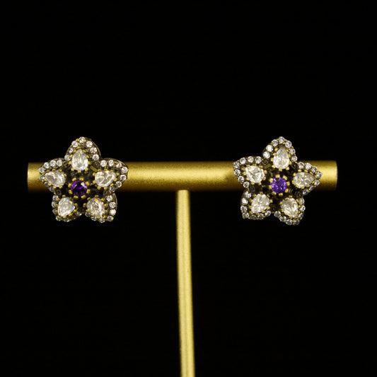 Cute Floral Victorian Stud earrings with zircon & moissanite polki stones. This Victorian Jewellery Is available in Purple, Coral & Green colour varaiants. 