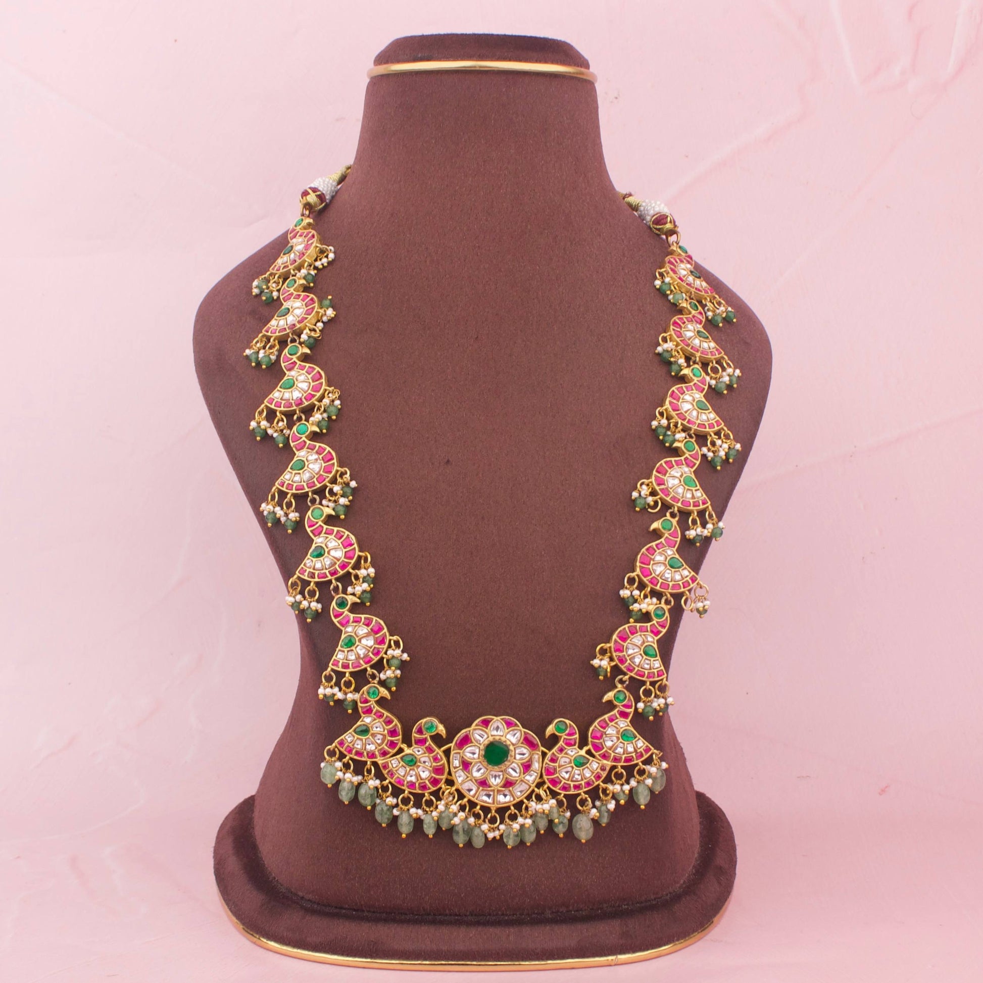 Close-Up Detail View of Unique Peacock Design Jadau Kundan Necklace Set With Earrings | Dulhan Jewels