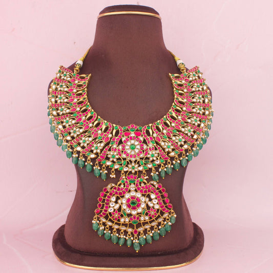 Grand Bridal Jadau Kundan Statement Necklace With Emerald Drops